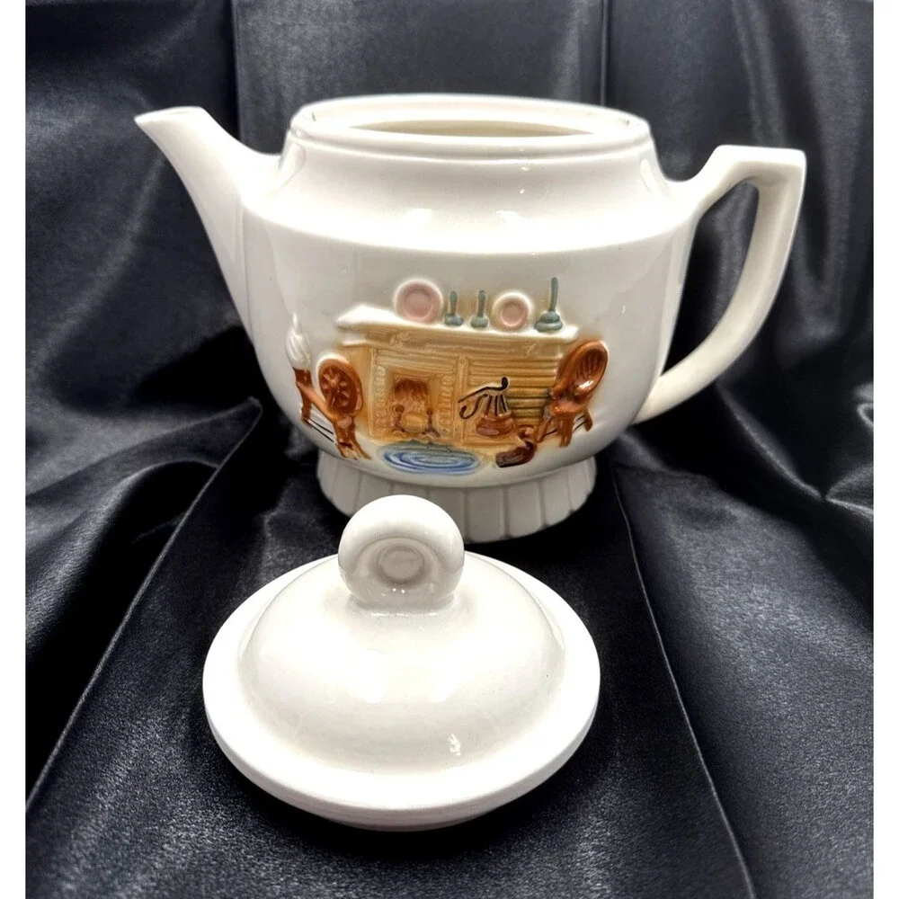1930's Porcelier Vintage Ceramic Teapot Country Hearth Fireplace